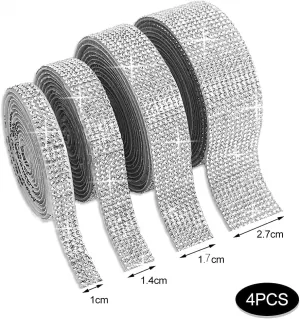 New Crystal Rhinestone Diamond Ribbon 4 Rolls Self-Adhesive Decorative Stickers Rhinestones Ribbon for Photo Frame Crafts DIY Wedding Decorations (4 Yards)