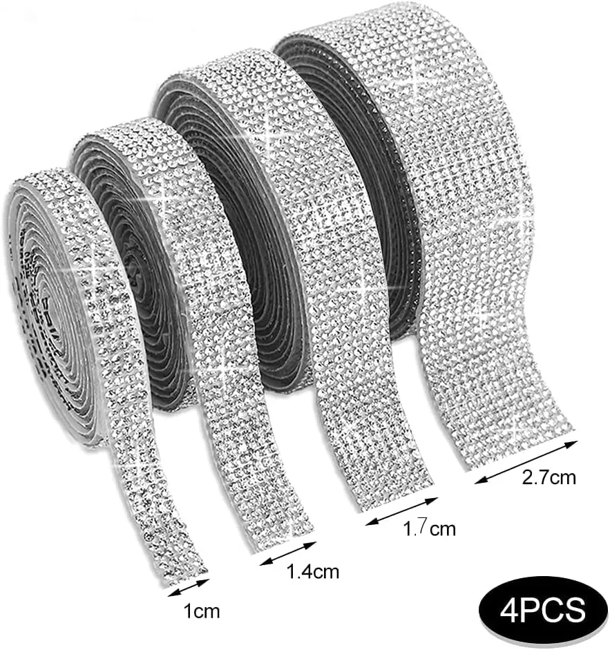 New Crystal Rhinestone Diamond Ribbon 4 Rolls Self-Adhesive Decorative Stickers Rhinestones Ribbon for Photo Frame Crafts DIY Wedding Decorations (4 Yards)