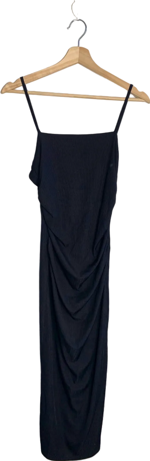 New Look Black Ribbed V-Back Ruched Midi Dress Size 10