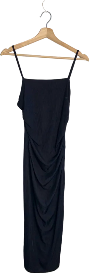 New Look Black Ribbed V-Back Ruched Midi Dress Size 10