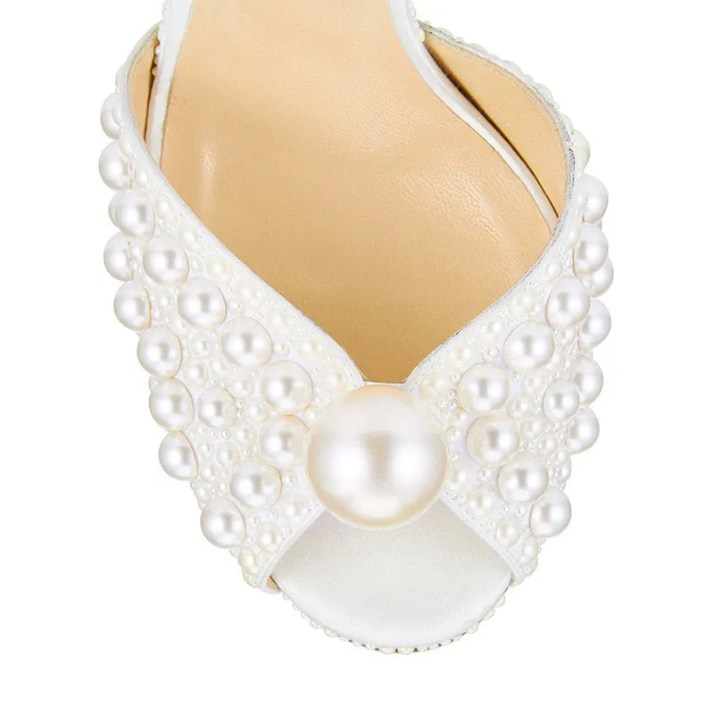 New sweet rice white pearl hollow fish mouth high-heeled wedding shoes temperament word buckle female sandals