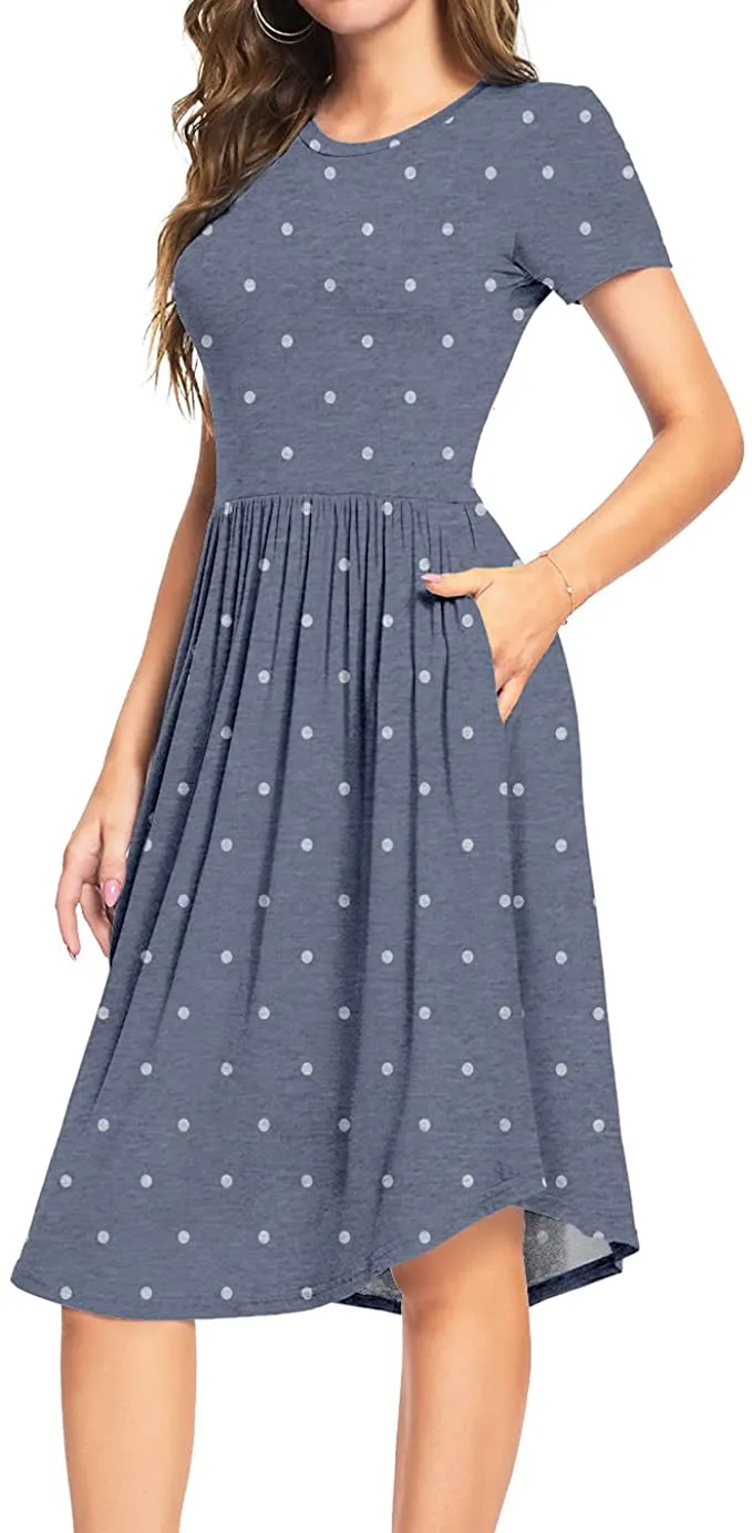 New YUNDAI Women Summer Polka Dot Swing Casual Midi Dress with Pocket, Grey, Sz XL!