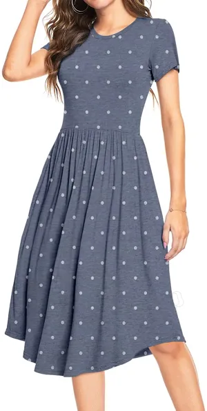 New YUNDAI Women Summer Polka Dot Swing Casual Midi Dress with Pocket, Grey, Sz XL!