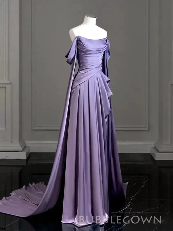 Off Shoulder Purple Satin Long Prom Dresses, Bateau Prom Dress, BGS0415
