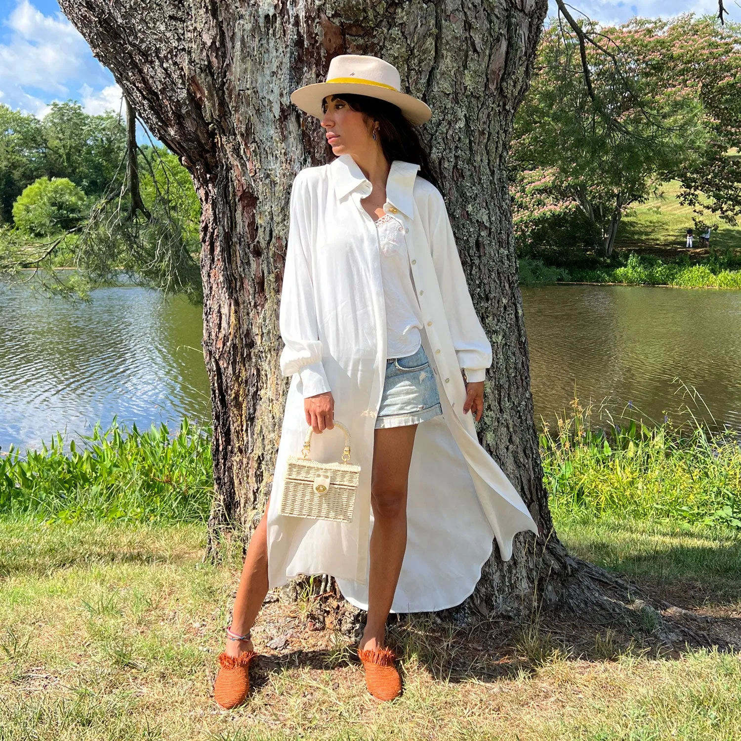 Open-Back Shirt Dress in White