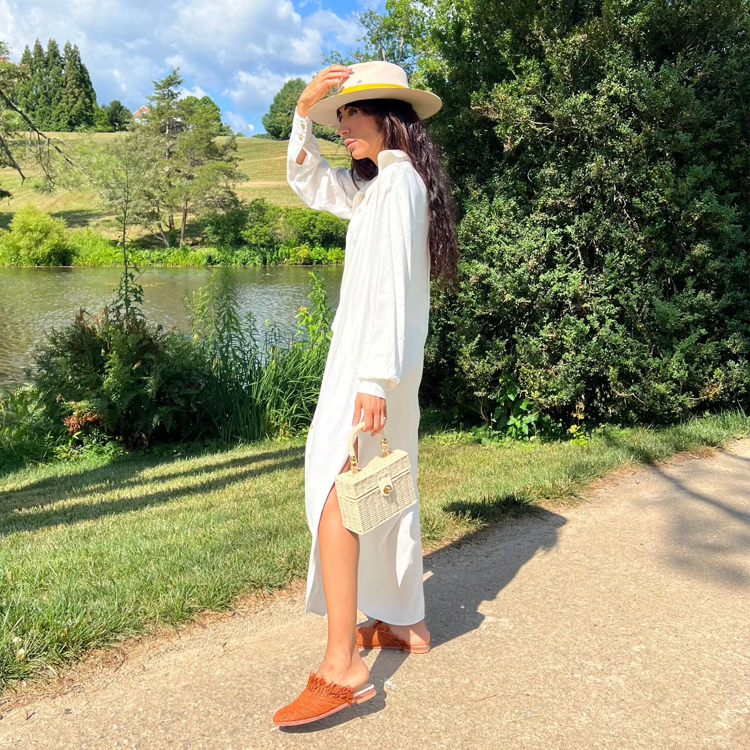 Open-Back Shirt Dress in White