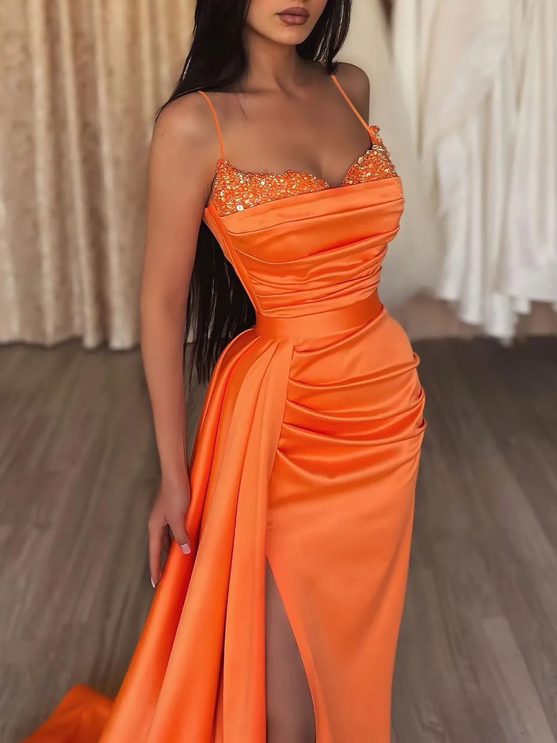 Orange sweetheart neck satin long prom dress satin evening dress