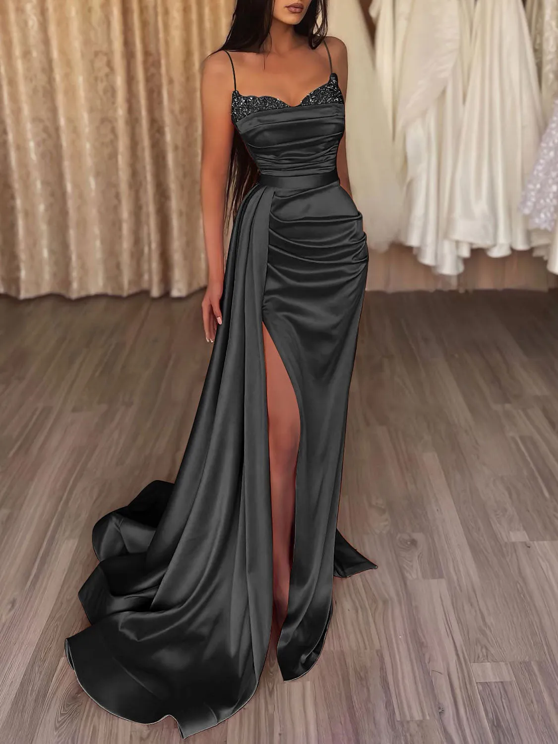Orange sweetheart neck satin long prom dress satin evening dress