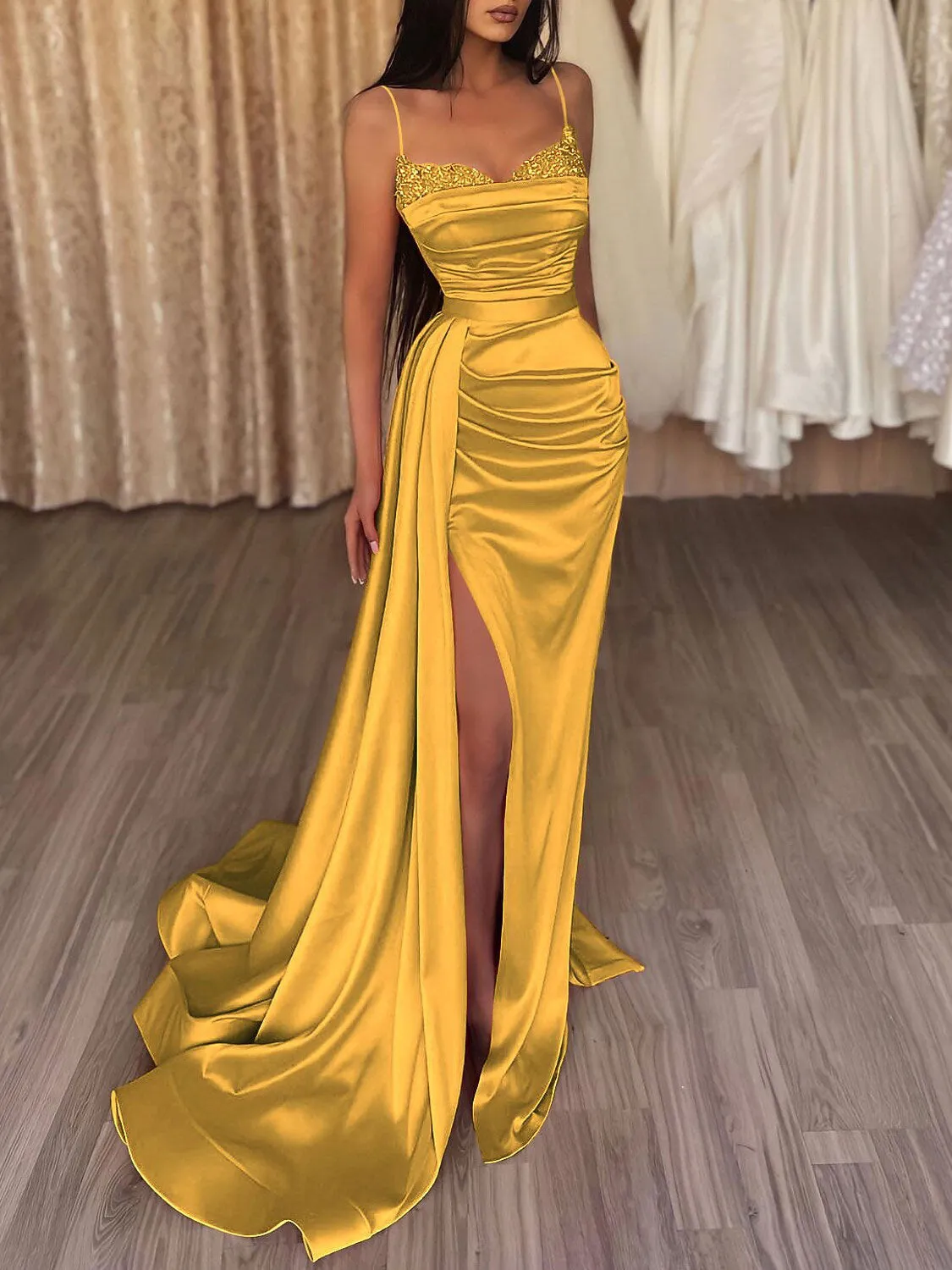 Orange sweetheart neck satin long prom dress satin evening dress