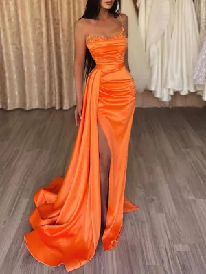 Orange sweetheart neck satin long prom dress satin evening dress