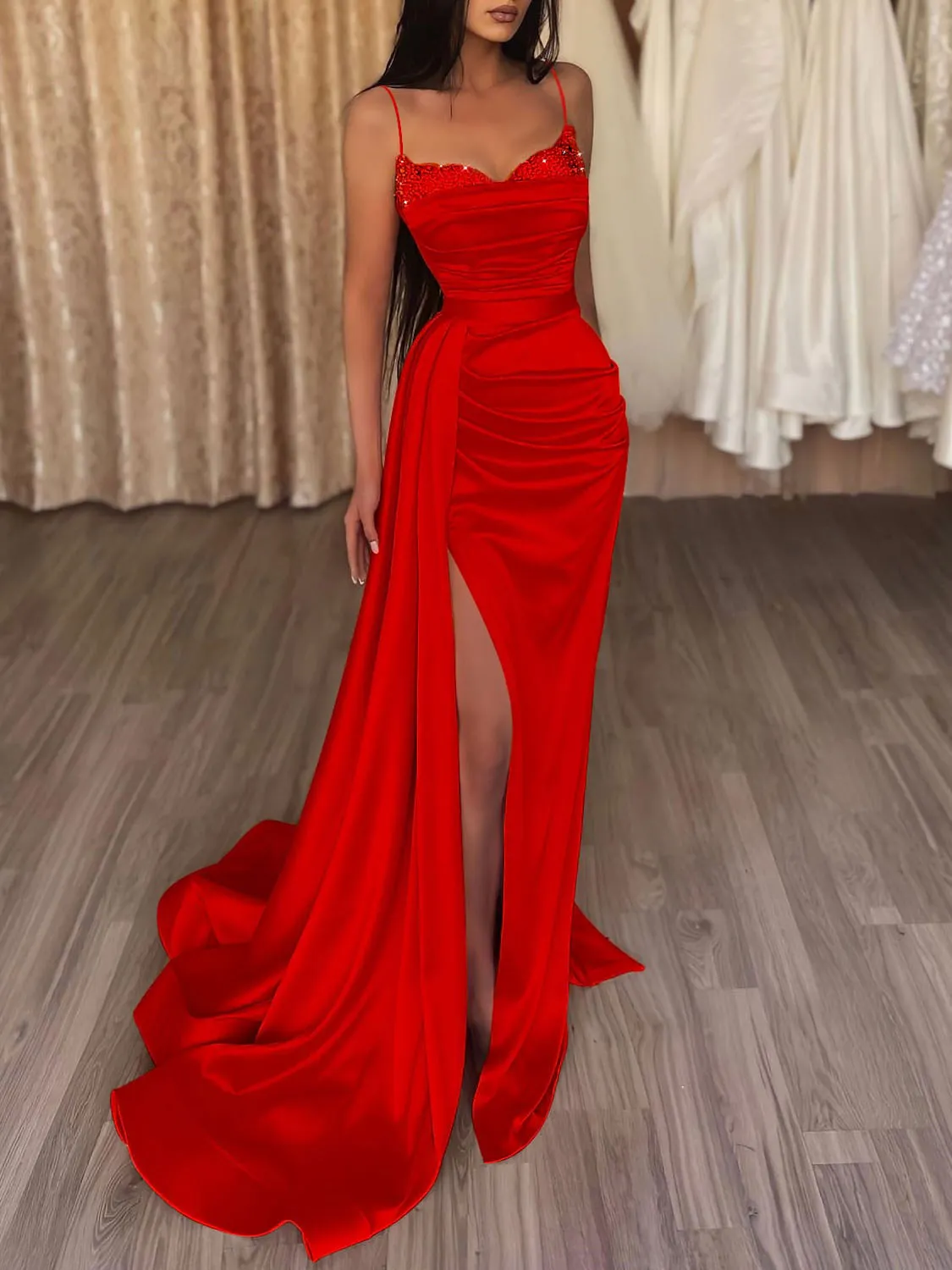 Orange sweetheart neck satin long prom dress satin evening dress