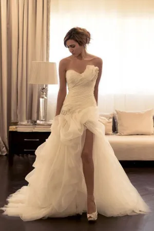 Organza Long Wedding Gowns,Side Split A line Strapless Wedding Dresses,Cheap Bridal Dresses,SVD544