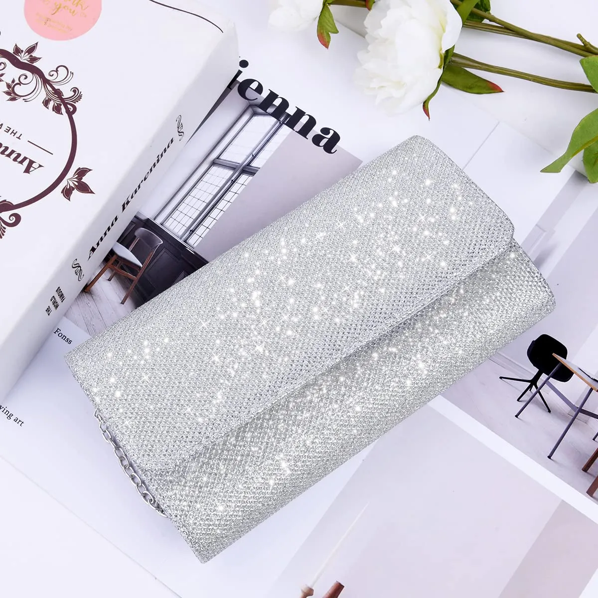 OSDUE Rhinestones Evening Bag, Sparkling Envelope Bag with Detachable Chain