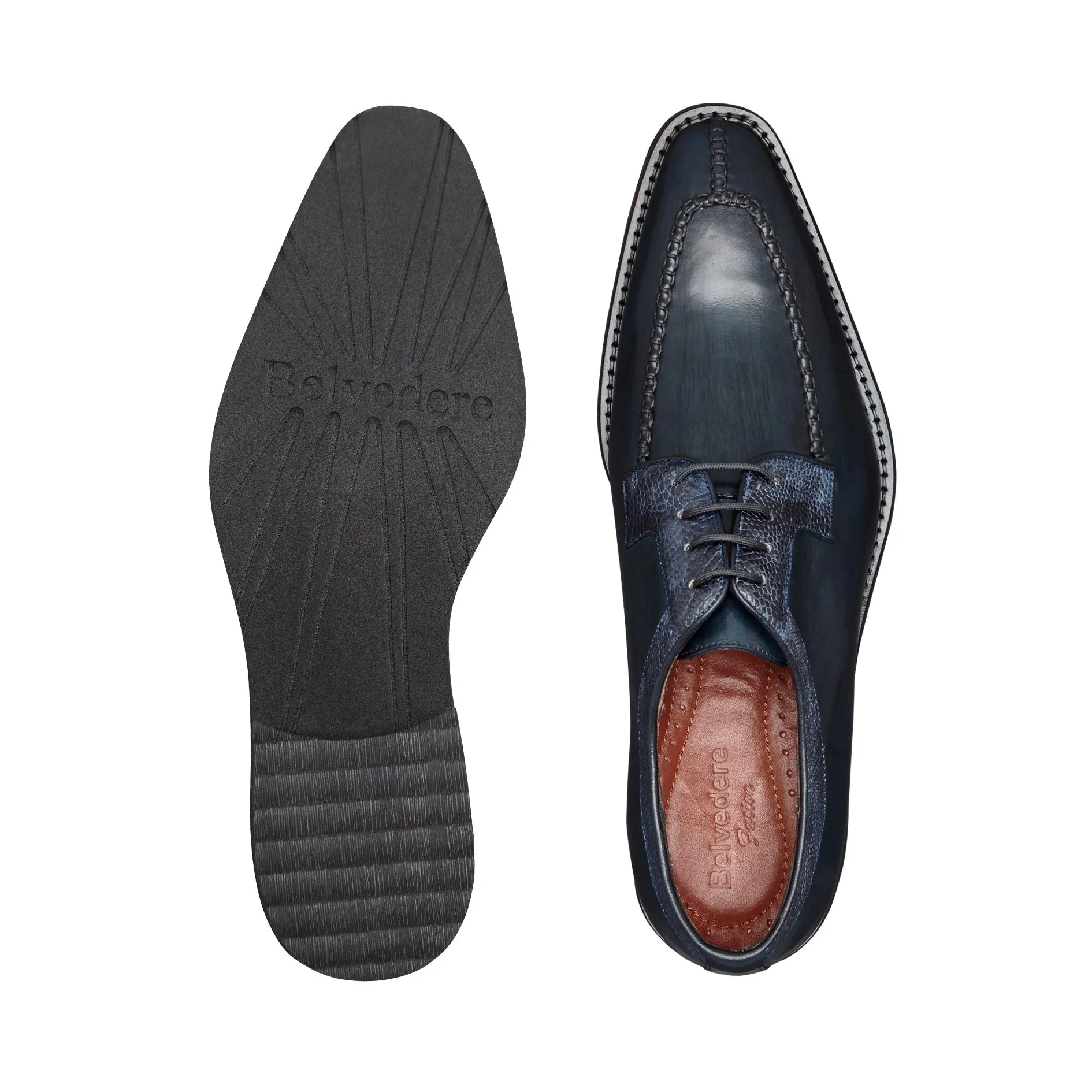Ostrich and Italian Calf Split Toe Lace-Up with Ultra Light Rubber Sole - Antique Blue
