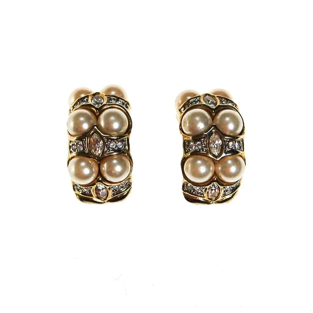 Pearl and Rhinestone Clip On Earrings, Gold Tone, Designer Vintage Jewelry, Wedding, Bridal, Traditional, Classic Style