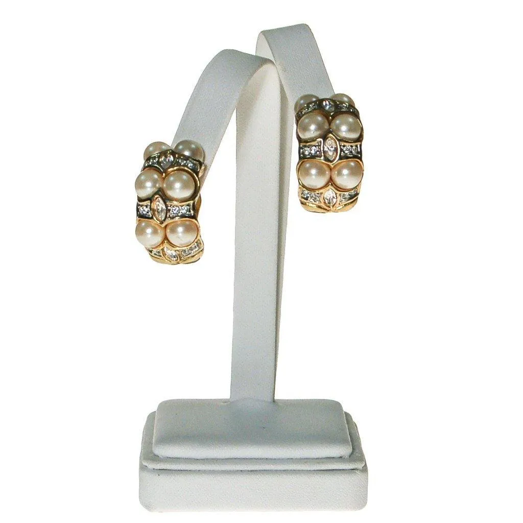 Pearl and Rhinestone Clip On Earrings, Gold Tone, Designer Vintage Jewelry, Wedding, Bridal, Traditional, Classic Style