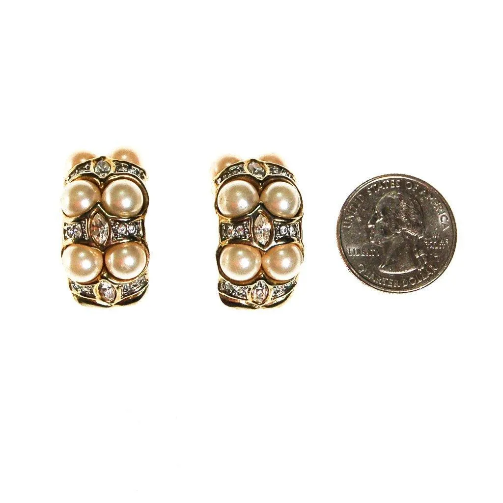 Pearl and Rhinestone Clip On Earrings, Gold Tone, Designer Vintage Jewelry, Wedding, Bridal, Traditional, Classic Style