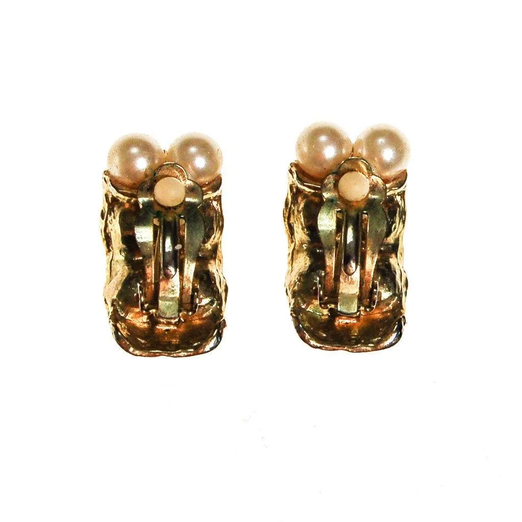 Pearl and Rhinestone Clip On Earrings, Gold Tone, Designer Vintage Jewelry, Wedding, Bridal, Traditional, Classic Style