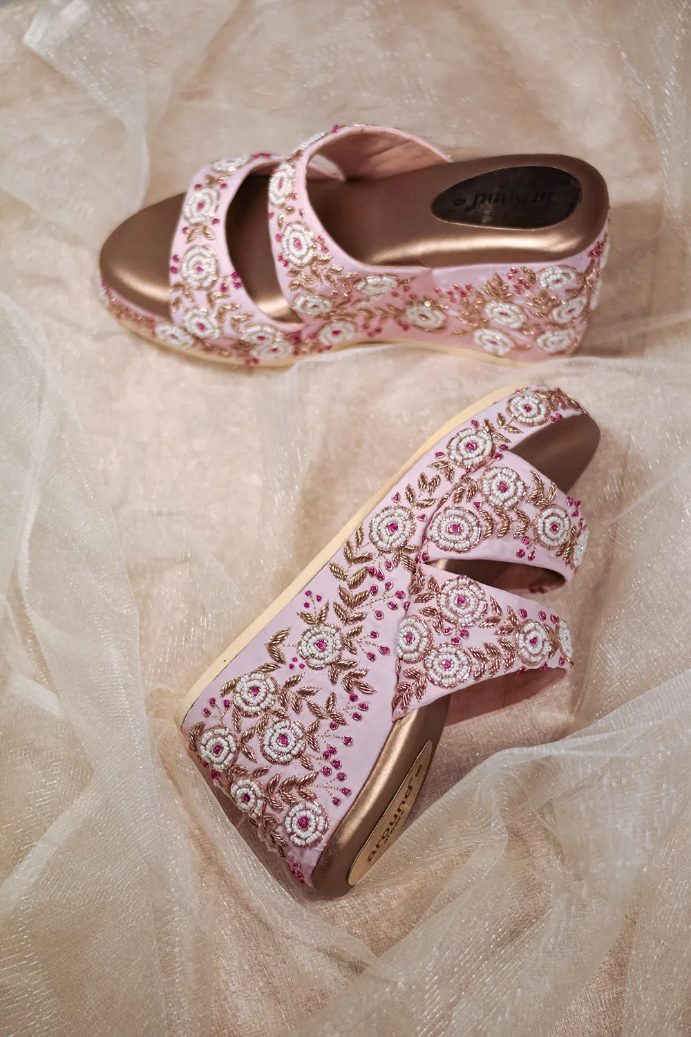 Pink Embroidered Wedges