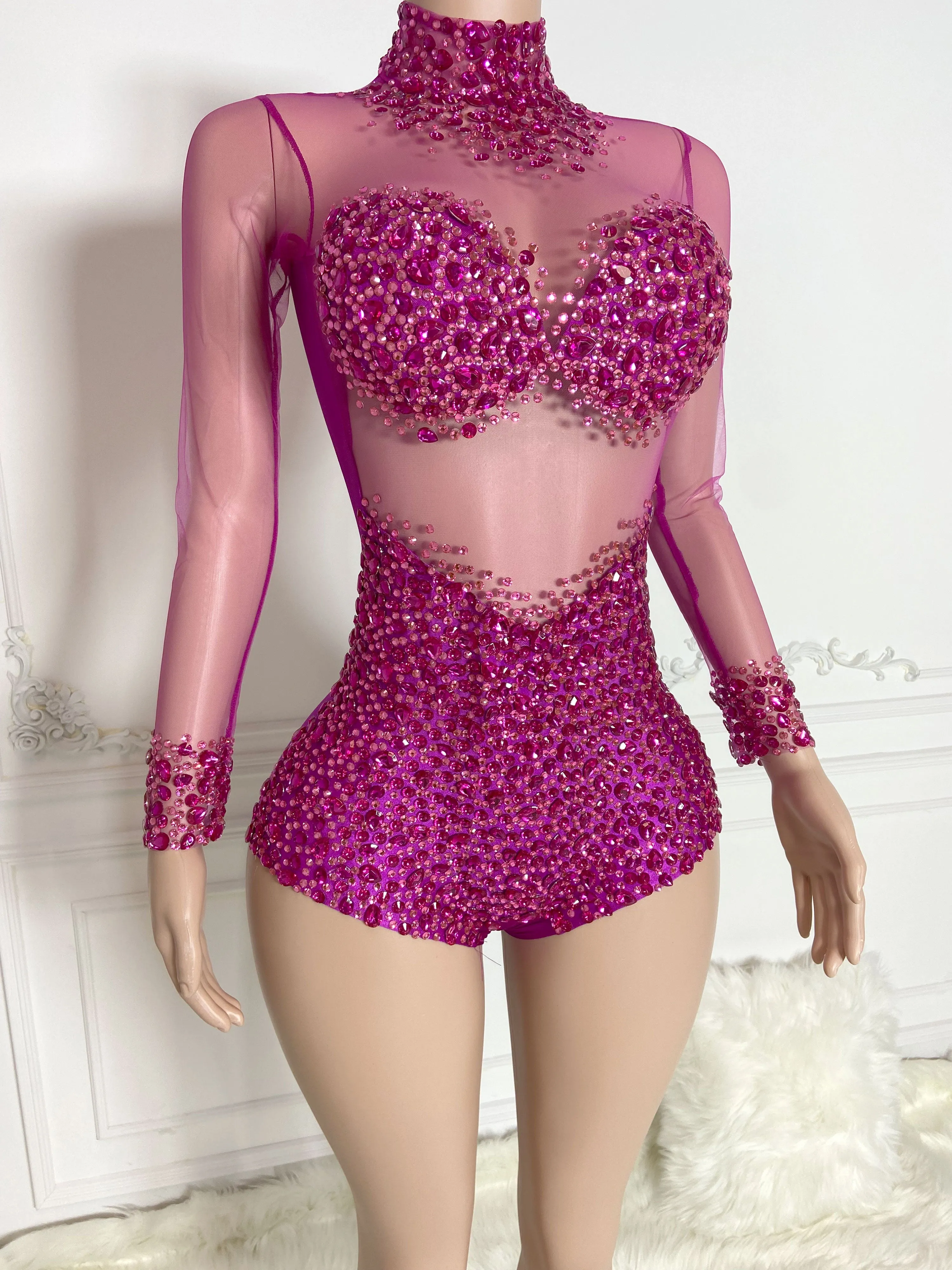 Pink High Collar Long Sleeve Rhinestone Jumpsuit