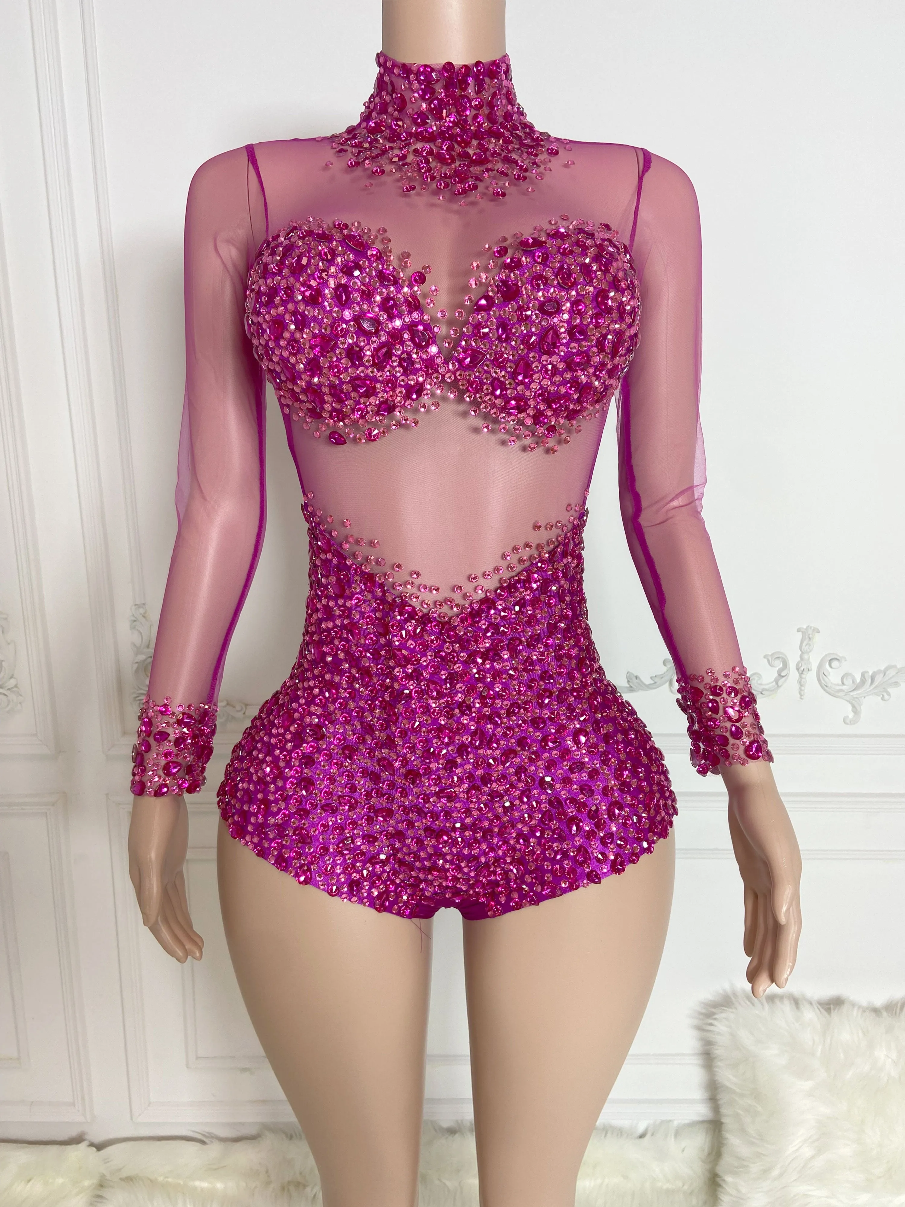 Pink High Collar Long Sleeve Rhinestone Jumpsuit