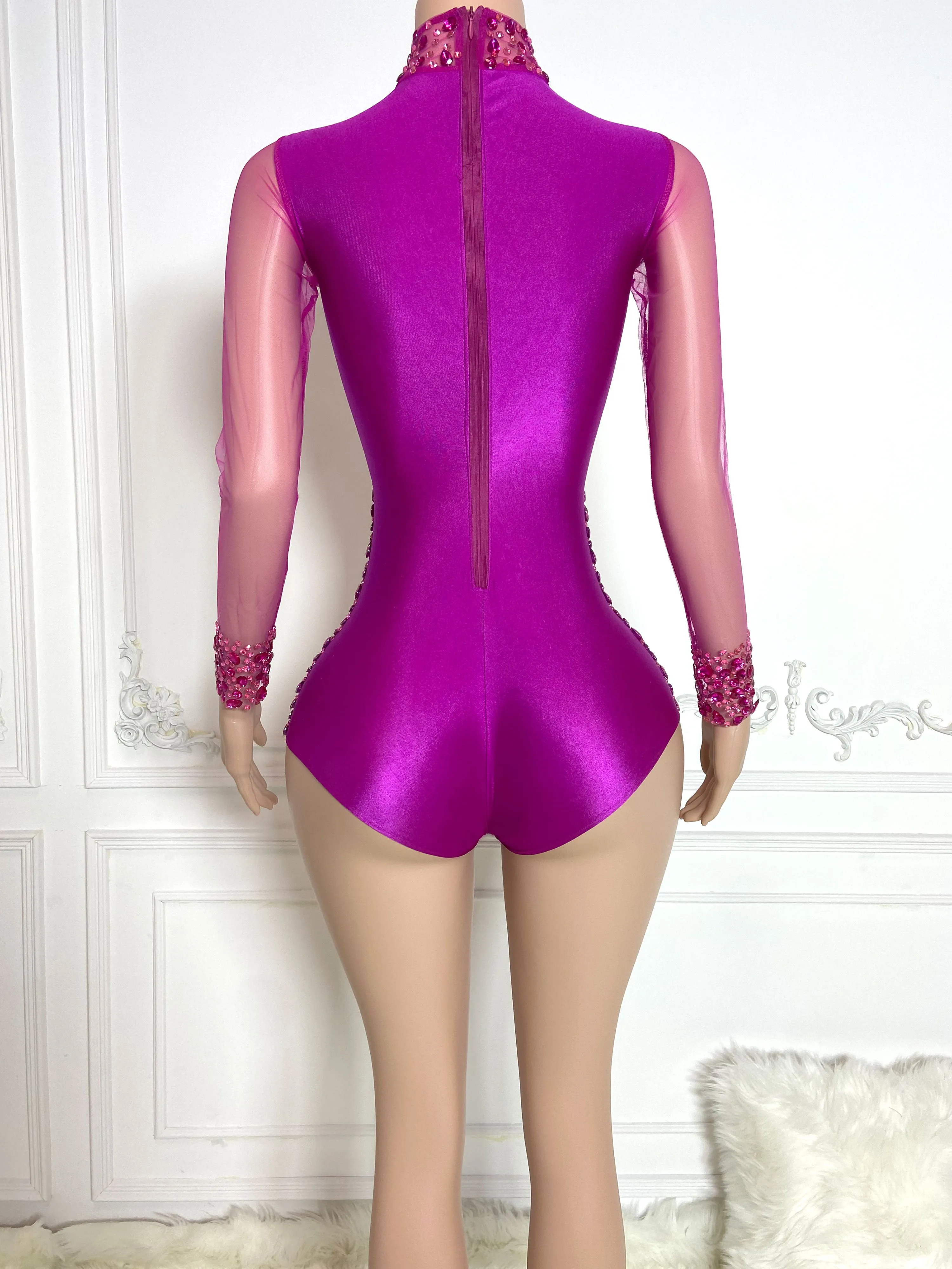 Pink High Collar Long Sleeve Rhinestone Jumpsuit