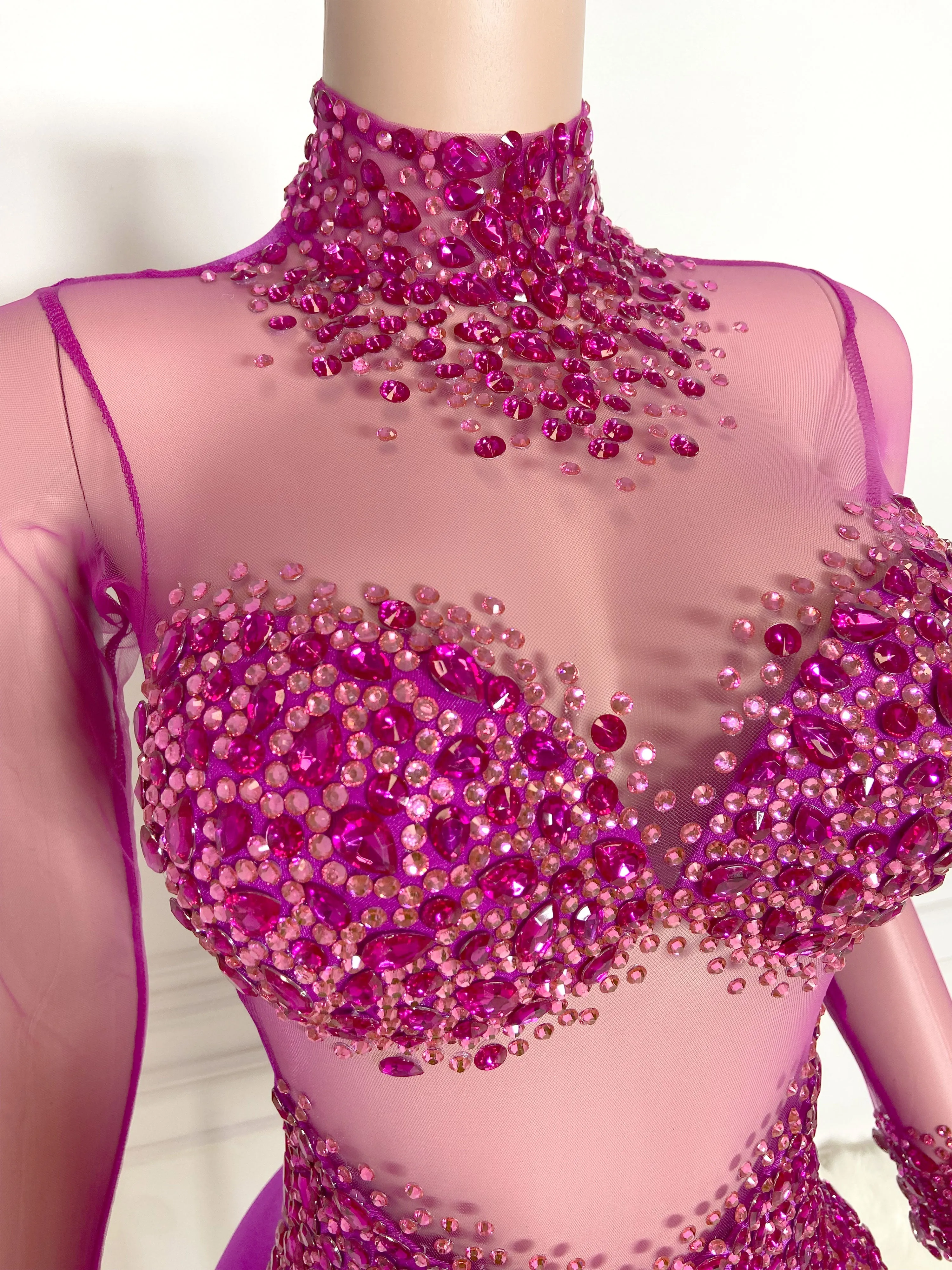 Pink High Collar Long Sleeve Rhinestone Jumpsuit