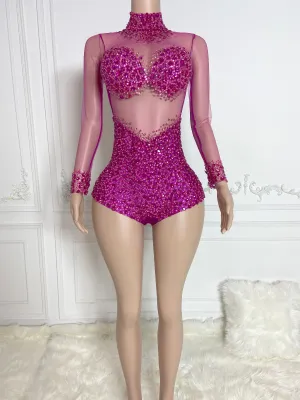 Pink High Collar Long Sleeve Rhinestone Jumpsuit