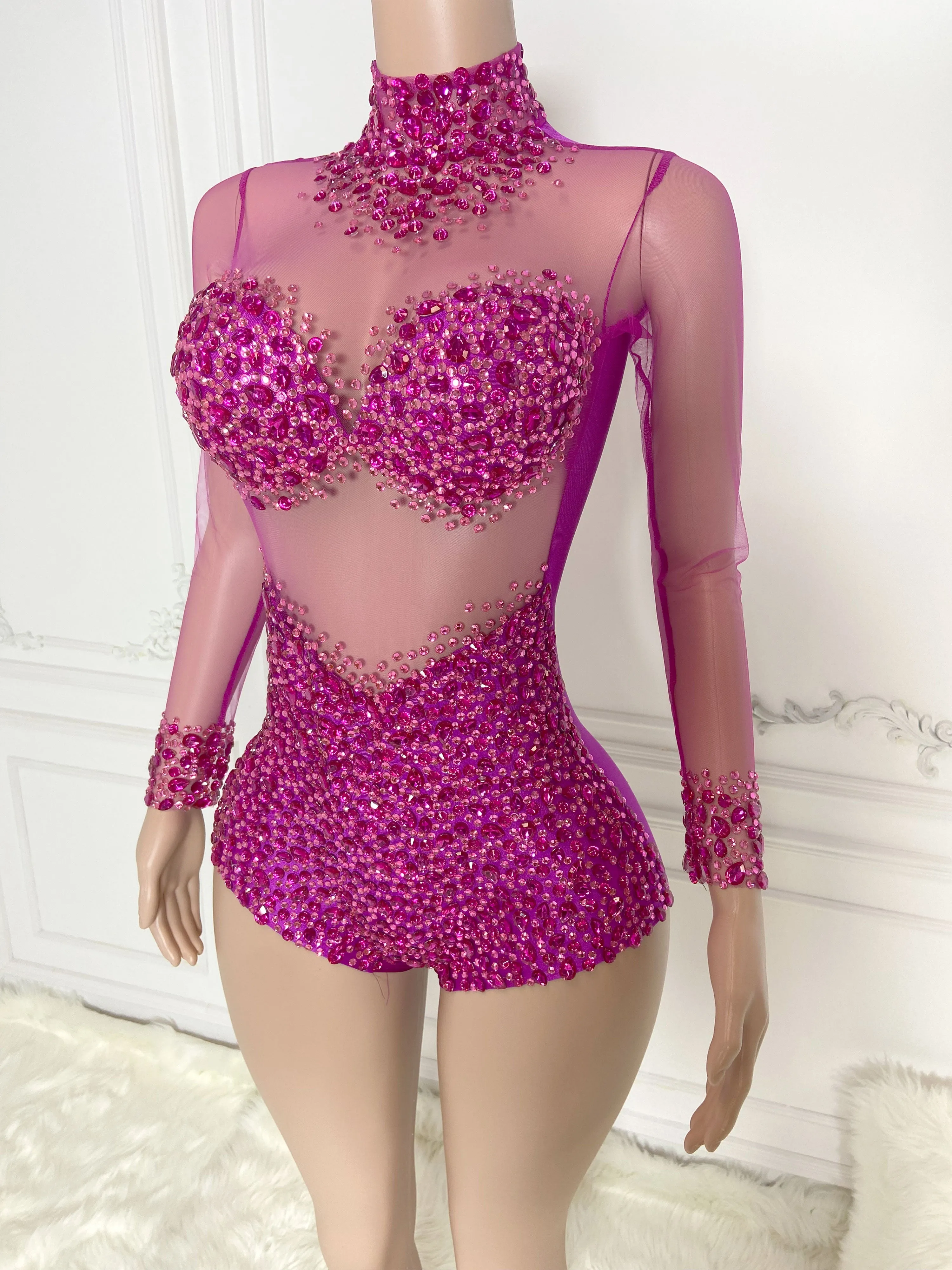 Pink High Collar Long Sleeve Rhinestone Jumpsuit