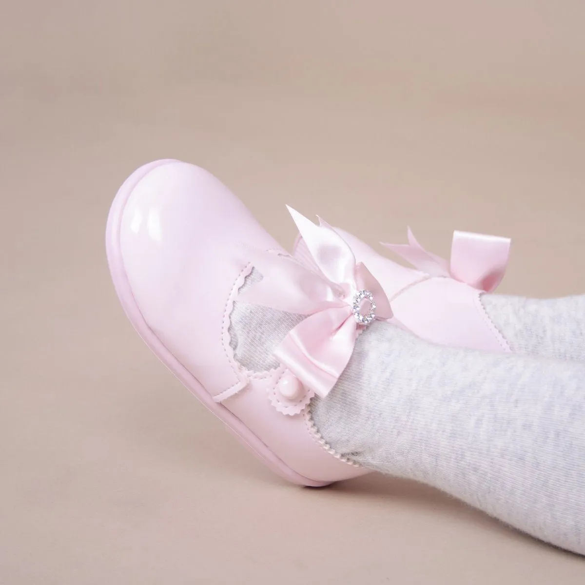 Pink Large Diamanté Bow Hard Sole Shoes