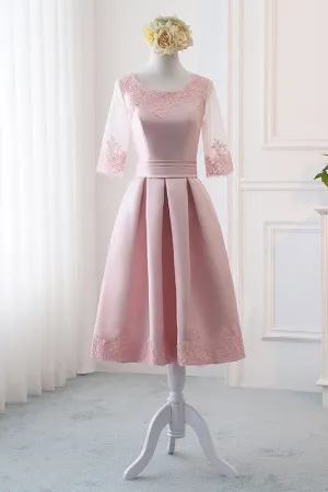 Pink Satin A Line Half Sleeves Lace Appliques Short Homecoming Dress OKC4