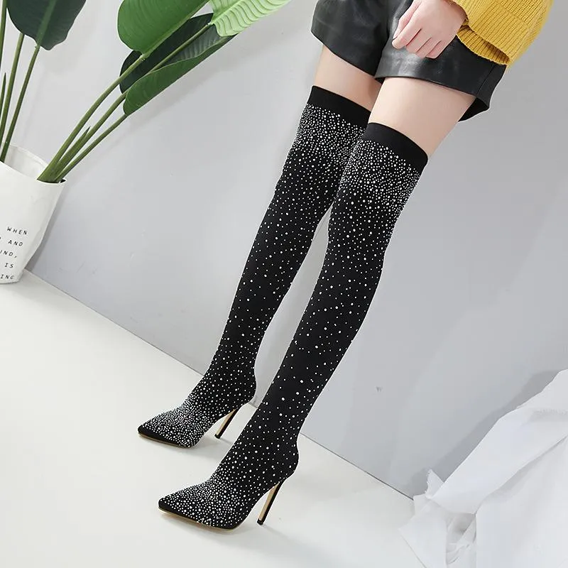 Pointed Rhinestone Over The Knee Elastic Boot