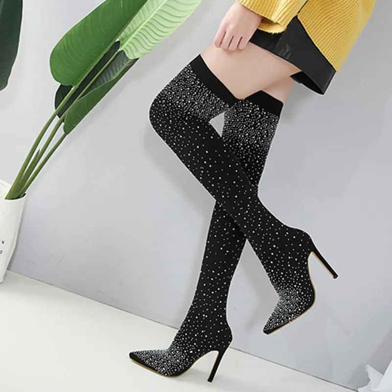 Pointed Rhinestone Over The Knee Elastic Boot
