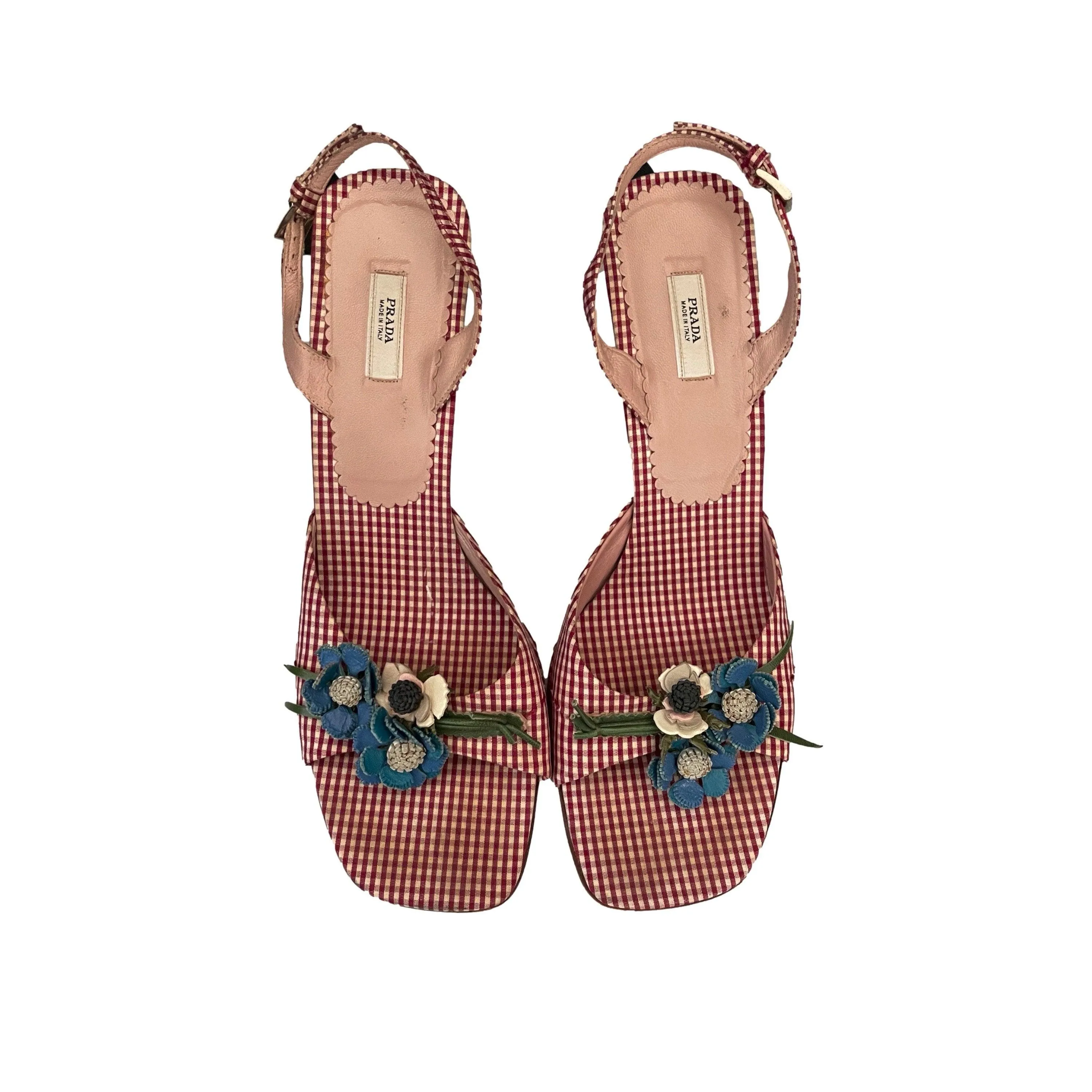 Prada Red Gingham Floral Slingback Heels
