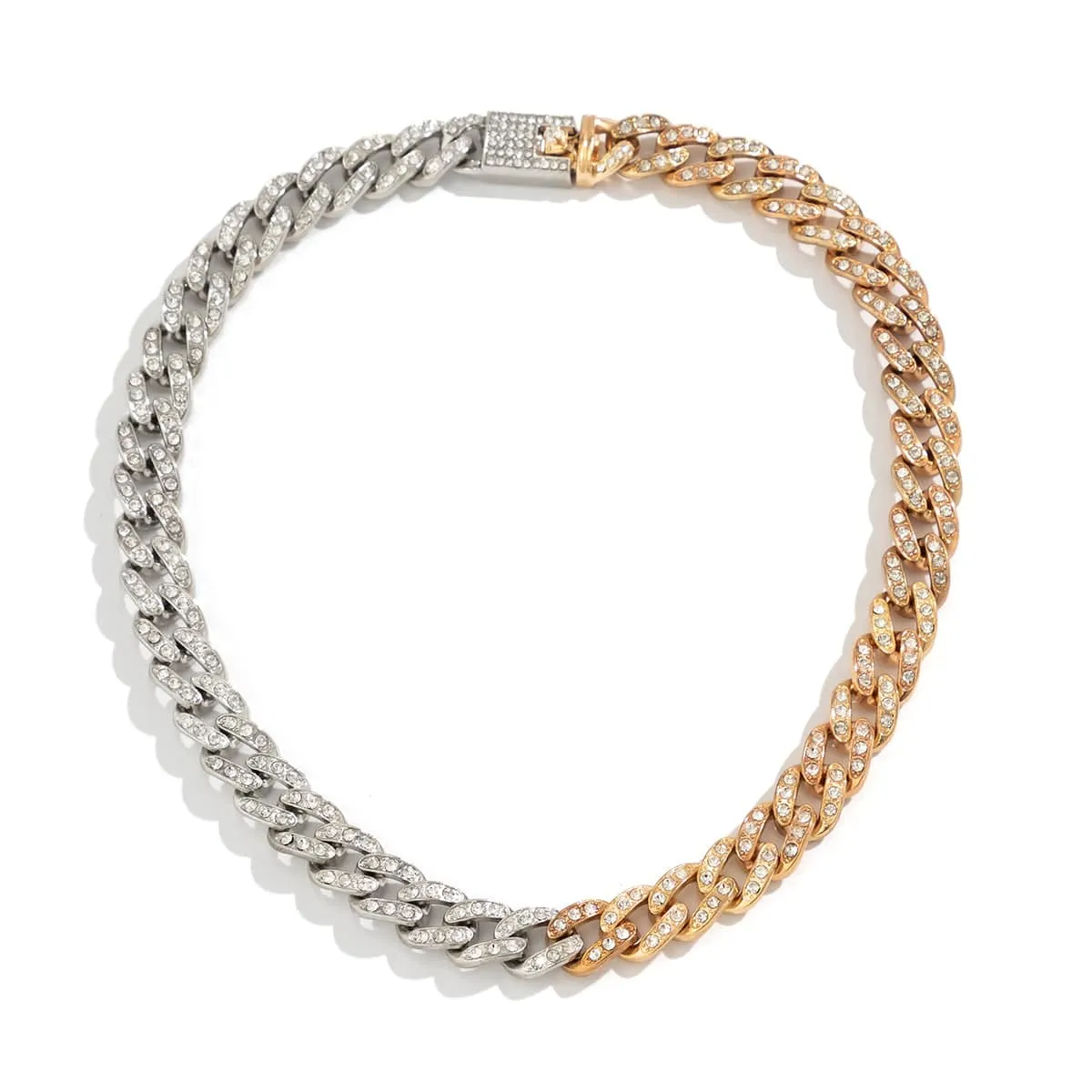 Punk Gold Silver Plated Rhinestone Inlaid Curb Chain Necklace