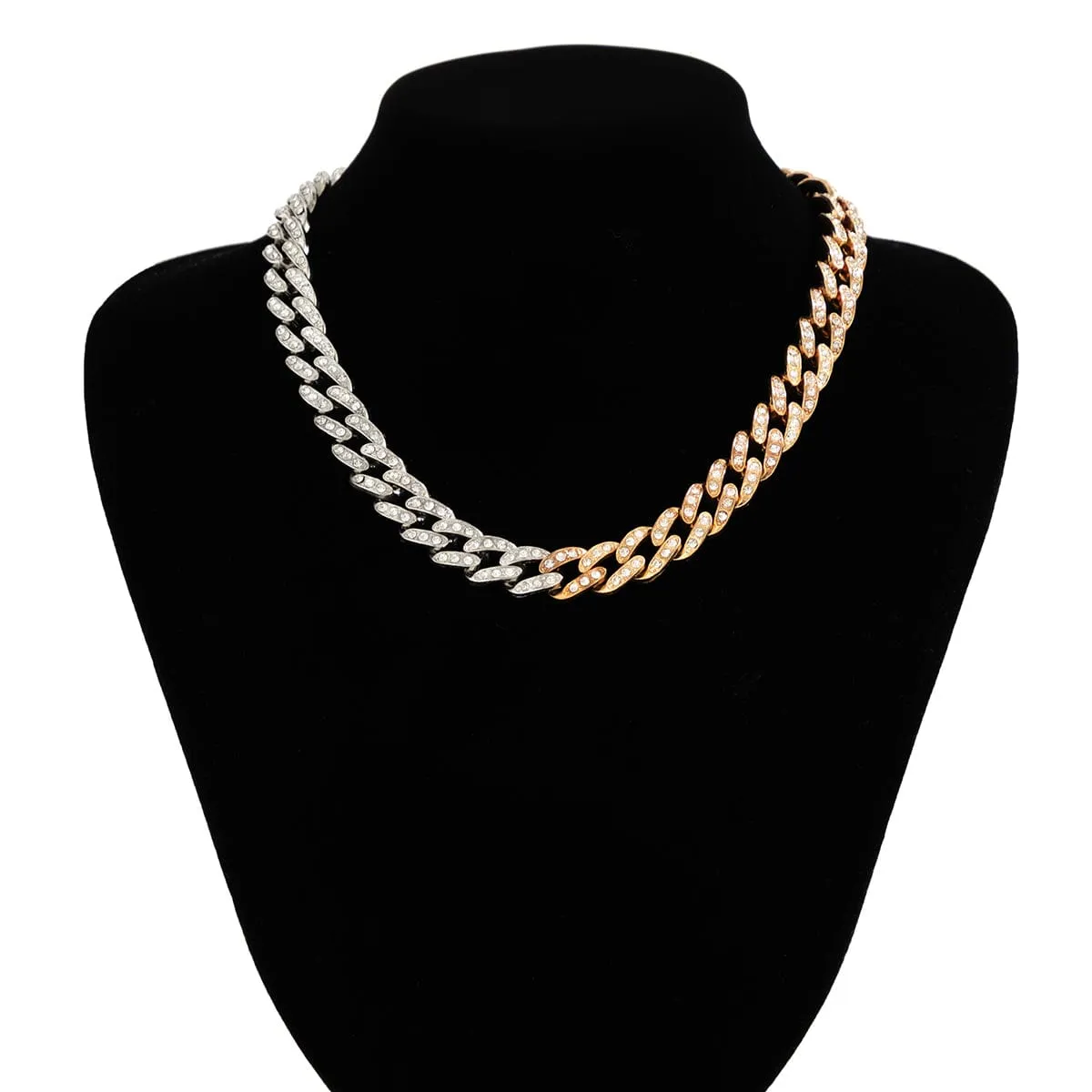 Punk Gold Silver Plated Rhinestone Inlaid Curb Chain Necklace