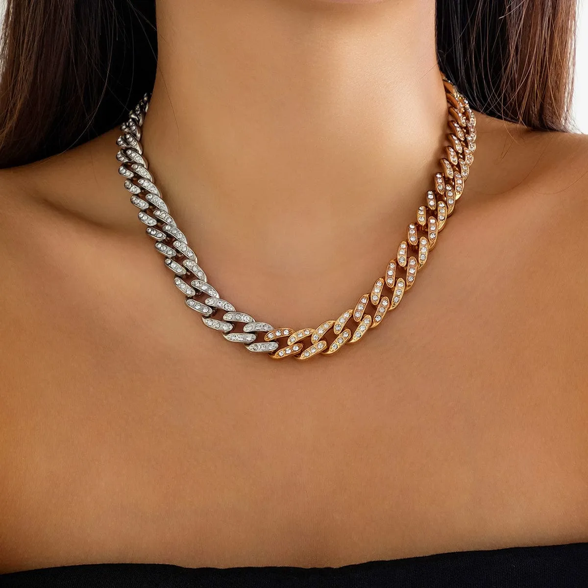 Punk Gold Silver Plated Rhinestone Inlaid Curb Chain Necklace