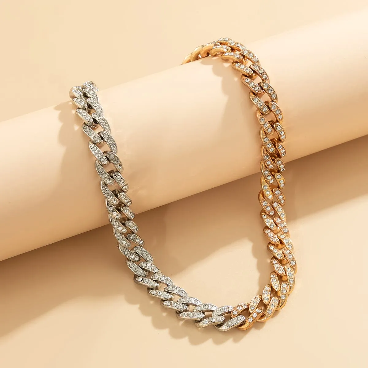 Punk Gold Silver Plated Rhinestone Inlaid Curb Chain Necklace