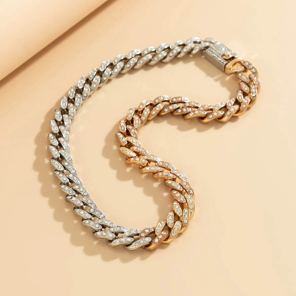 Punk Gold Silver Plated Rhinestone Inlaid Curb Chain Necklace