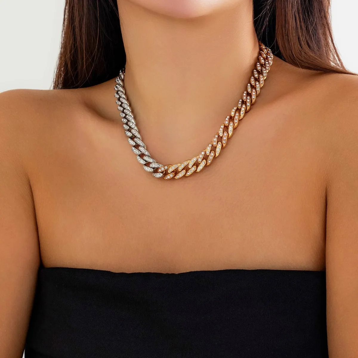 Punk Gold Silver Plated Rhinestone Inlaid Curb Chain Necklace
