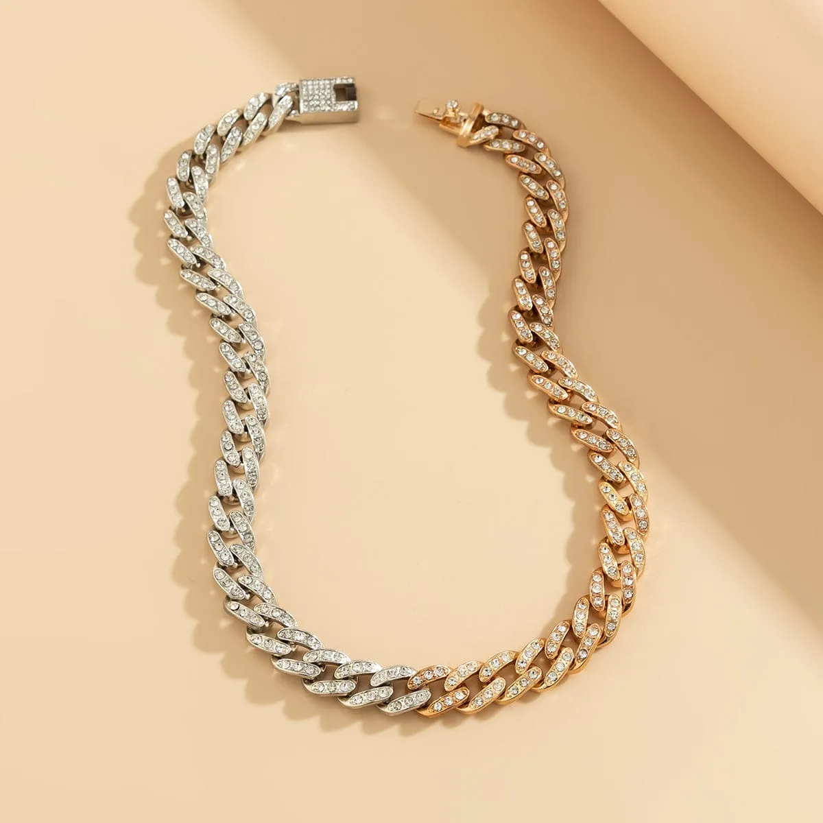 Punk Gold Silver Plated Rhinestone Inlaid Curb Chain Necklace