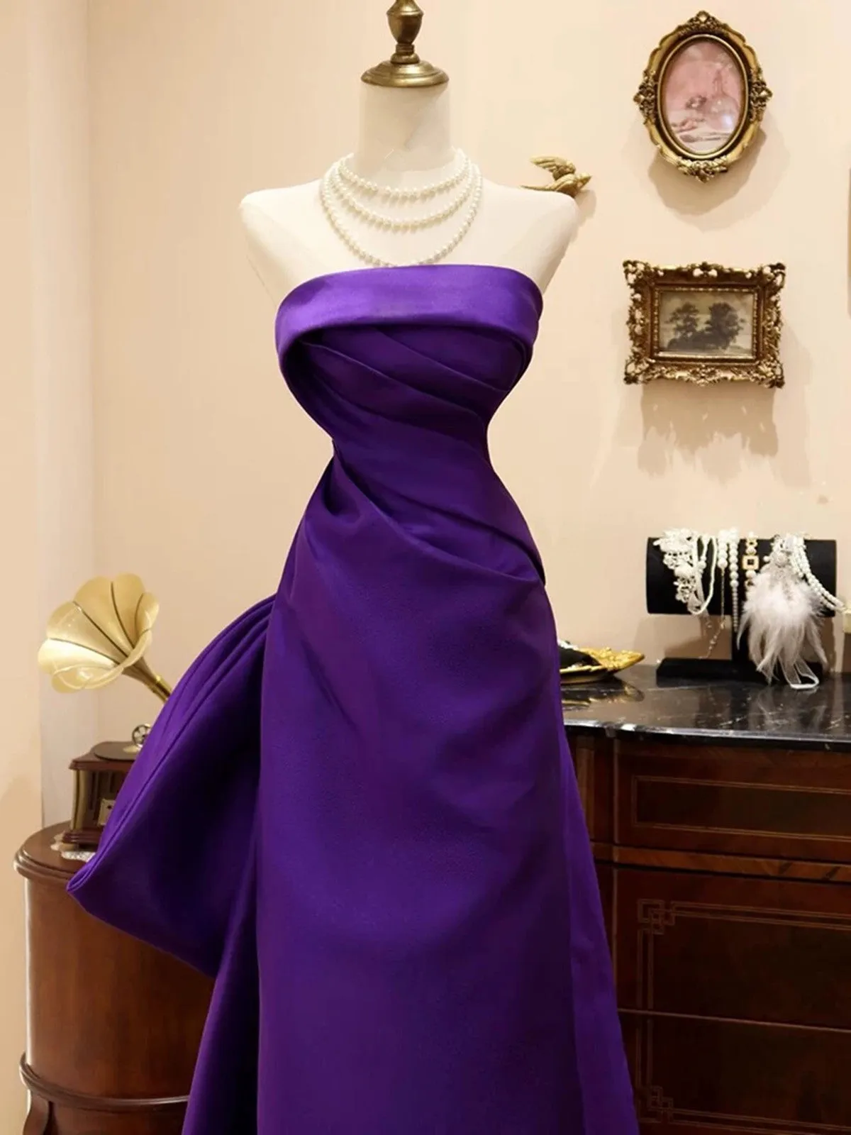 Purple Satin Scoop A-line Floor Length Party Dress, Purple Satin Long Prom Dress with Bow