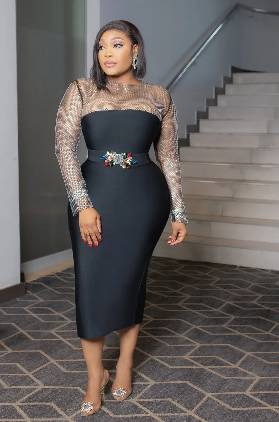 Queen Blings- Rhinestone Mesh Long Sleeve Bandage Dress (NEW)