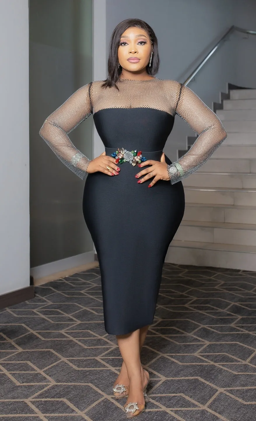 Queen Blings- Rhinestone Mesh Long Sleeve Bandage Dress (NEW)