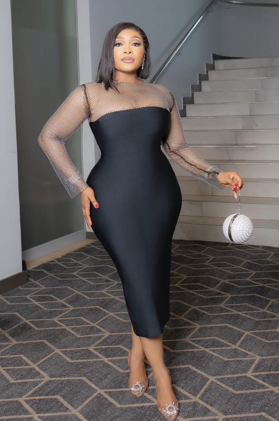 Queen Blings- Rhinestone Mesh Long Sleeve Bandage Dress (NEW)