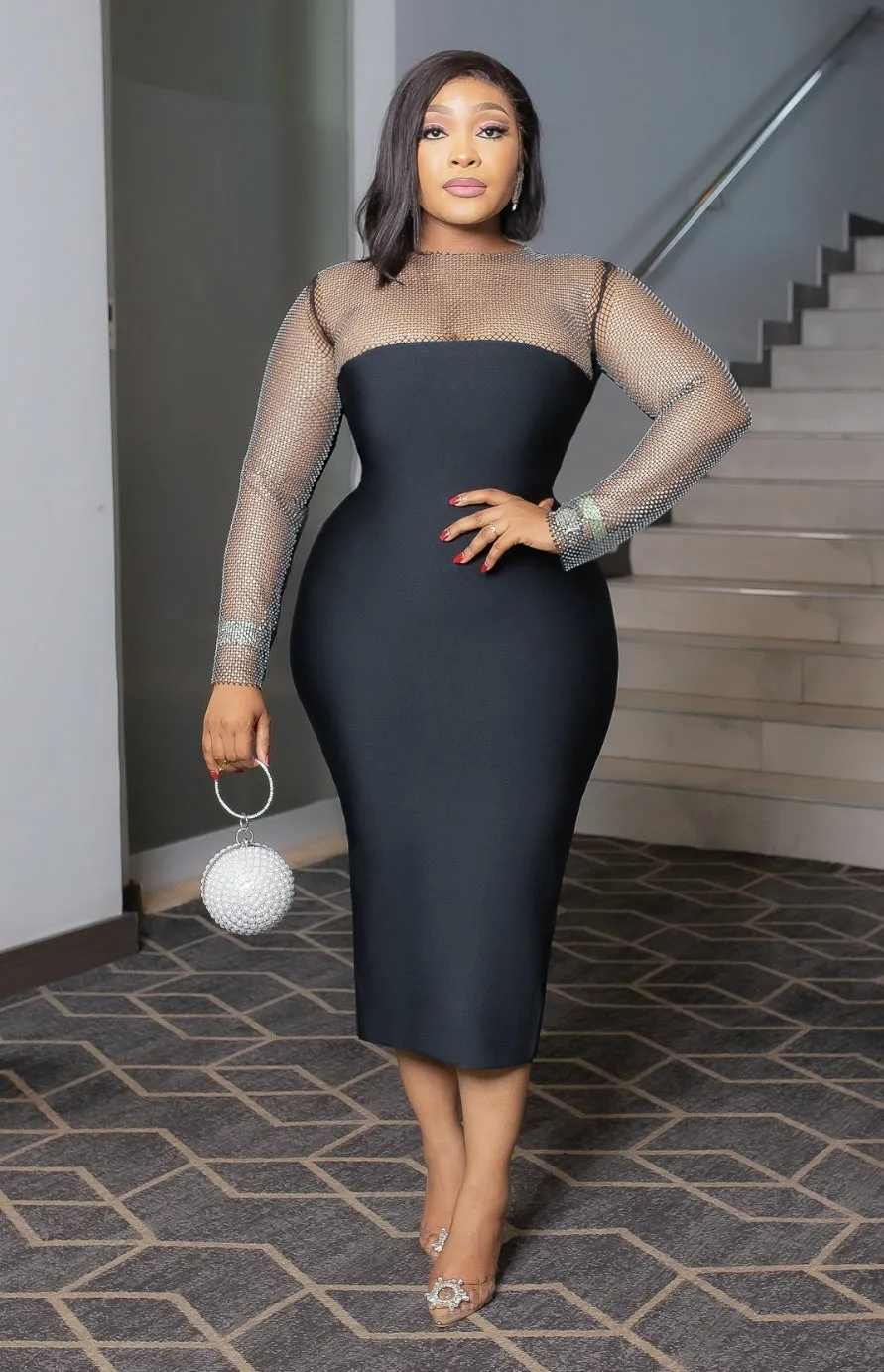 Queen Blings- Rhinestone Mesh Long Sleeve Bandage Dress (NEW)