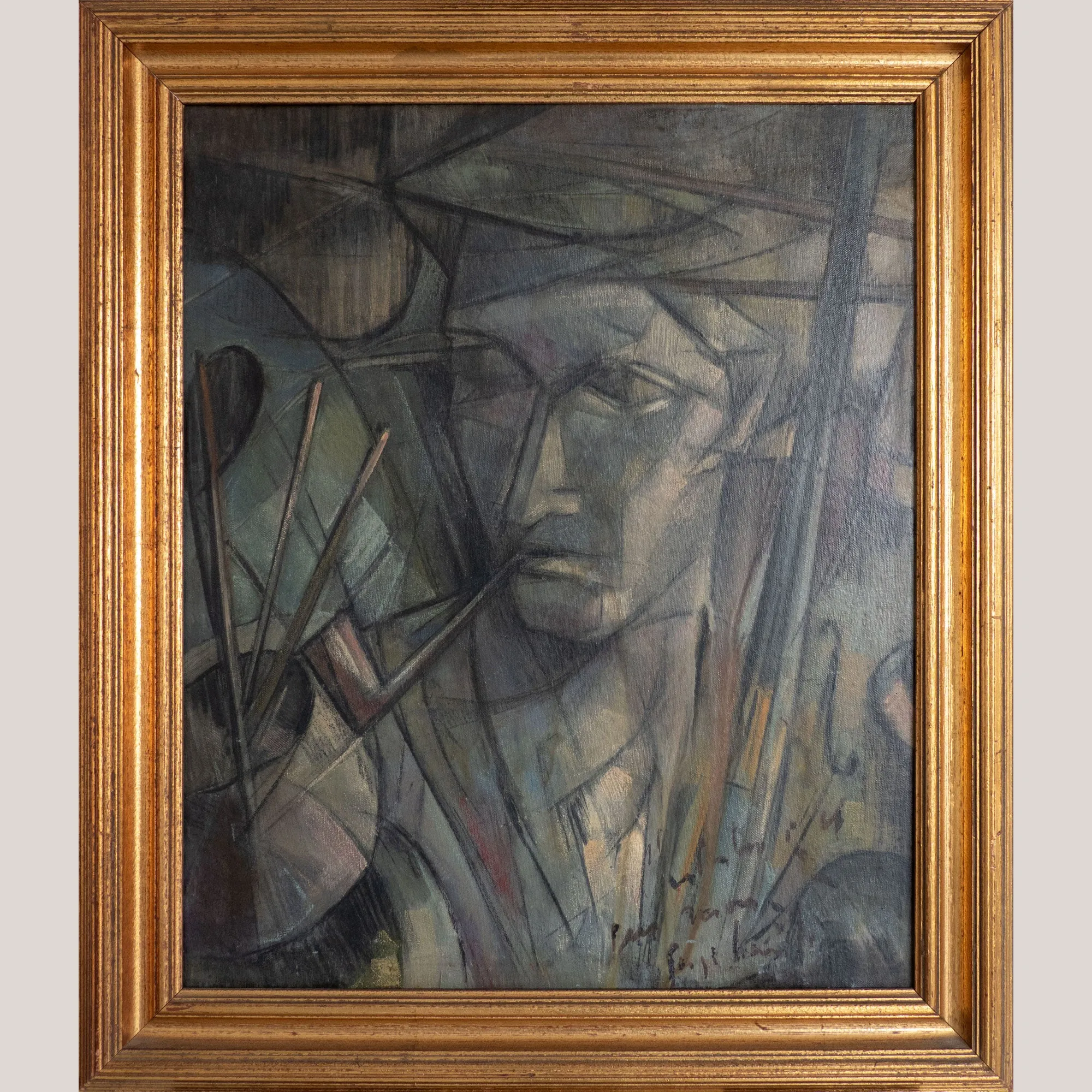 "The Artist and His World” – Mid-Century Cubist Oil Painting