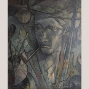 "The Artist and His World” – Mid-Century Cubist Oil Painting