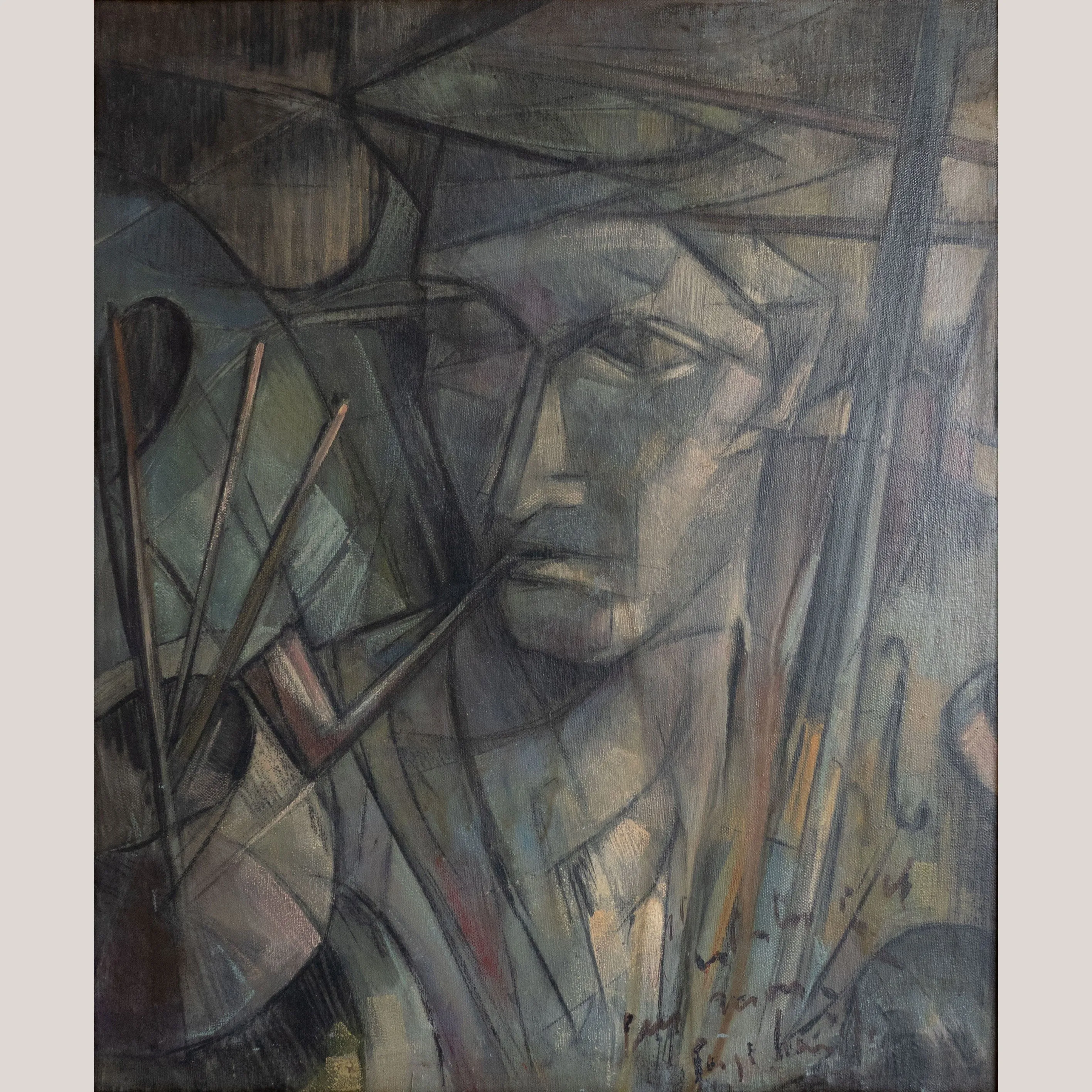 "The Artist and His World” – Mid-Century Cubist Oil Painting