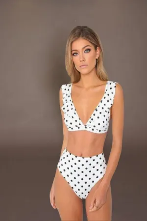 Rachel Polka Dot Ruffle High Waisted White Bikini
